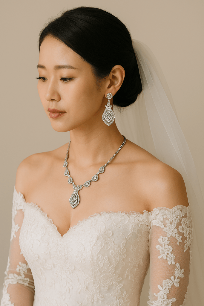 A bride wearing a delicate off-shoulder lace wedding dress with a stunning necklace and earrings from the Smoky Gray Collection, showcasing a refined and elegant look.